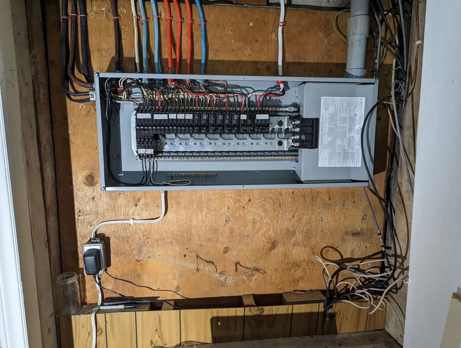 Newly wired residential electrical panel on a plywood backboard