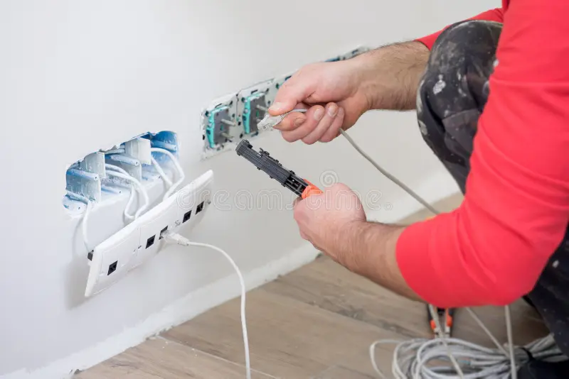 Electrician installing wall outlets during a home renovation